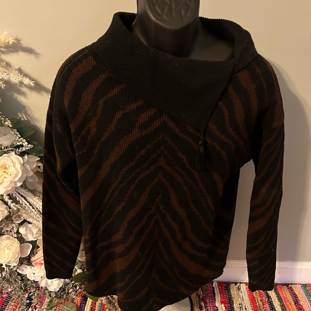 80s Tiger Animal Print Sweater Black Brown Small Vintage